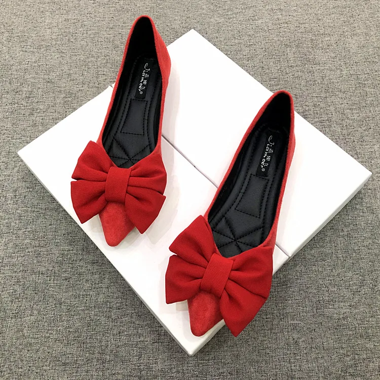 Women Flats Spring Summer Butterfly-knot Bow Velvet Flock Leather Flat Shoes for Women Black Red Apricot Zapatillas Mujer 44 45