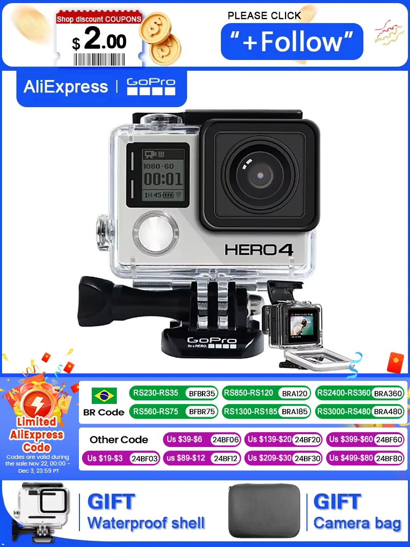 (Used) Gopro hero 4 silver 4k Ultra HD action camera WiFi  connection camera Helmet mounted outdoor camera