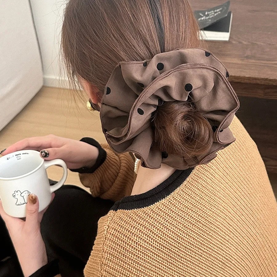 

Polka Dot Scrunchie Double Layer Cinched Waist Vintage Korean Elastic Hair Tie for Commute Lazy Bun Daily Home