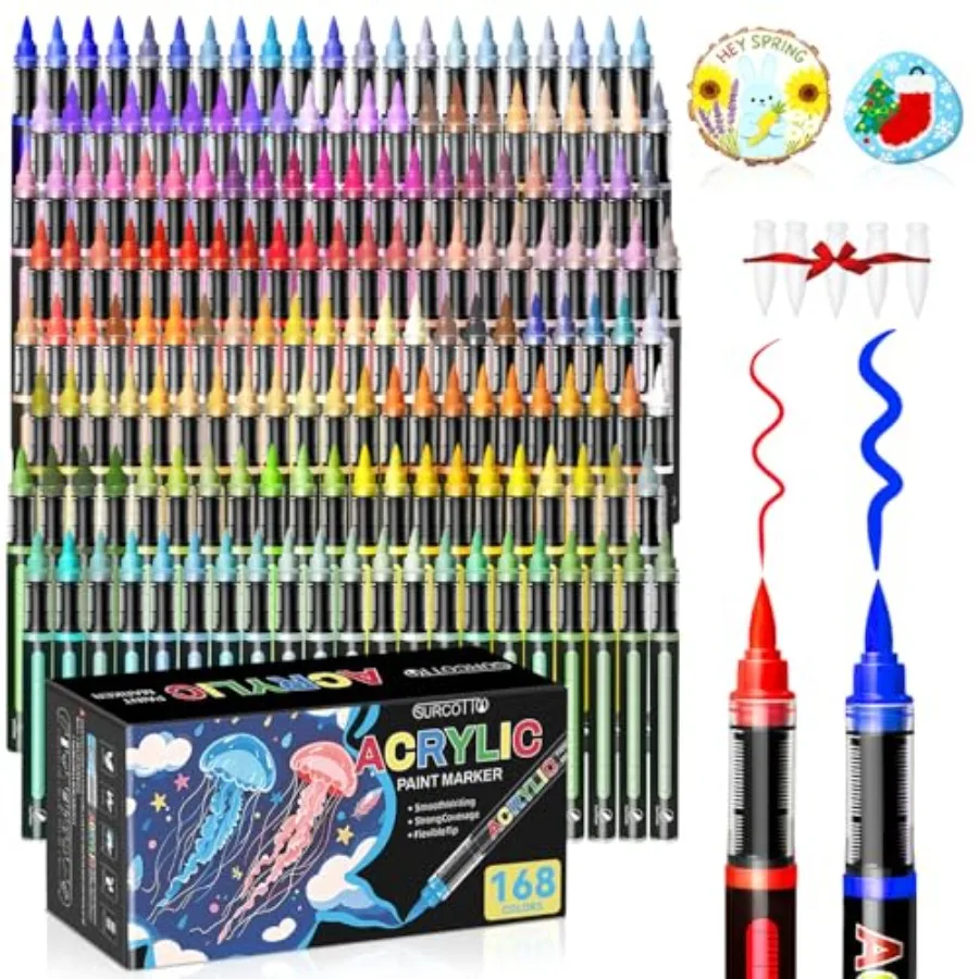 

168 Color, Acrylic Brush Marker, Soft Brush Tip Pens and Markers, Acrylic Paint Pens for Wood, Stone, Canvas, Glass, Fabric, Eg