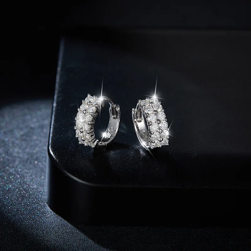 2 Rows D Color Moissanite Hoop Earrings Women 925 Sterling Silver Iced Lab Diamond Huggie Loop Earring 18K White Gold Plated