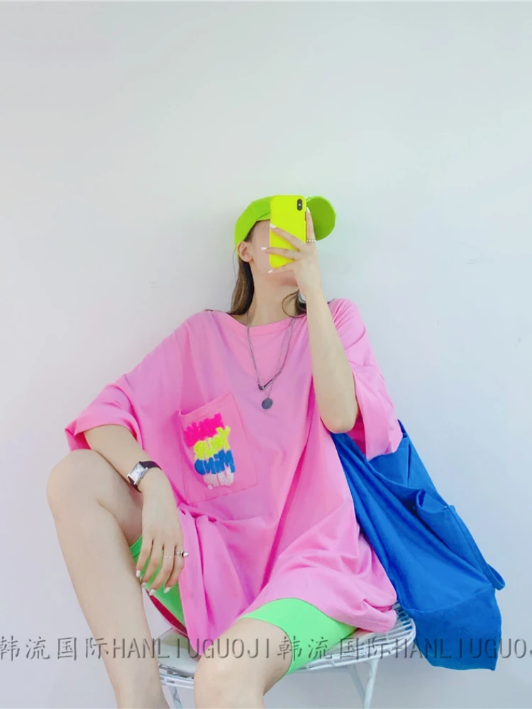 Oversized T-Shirt Loose Mid-Length Cotton Short Sleeve T Shirt Women Summer Fluorescent Color Sequined Letters Round Neck Dress