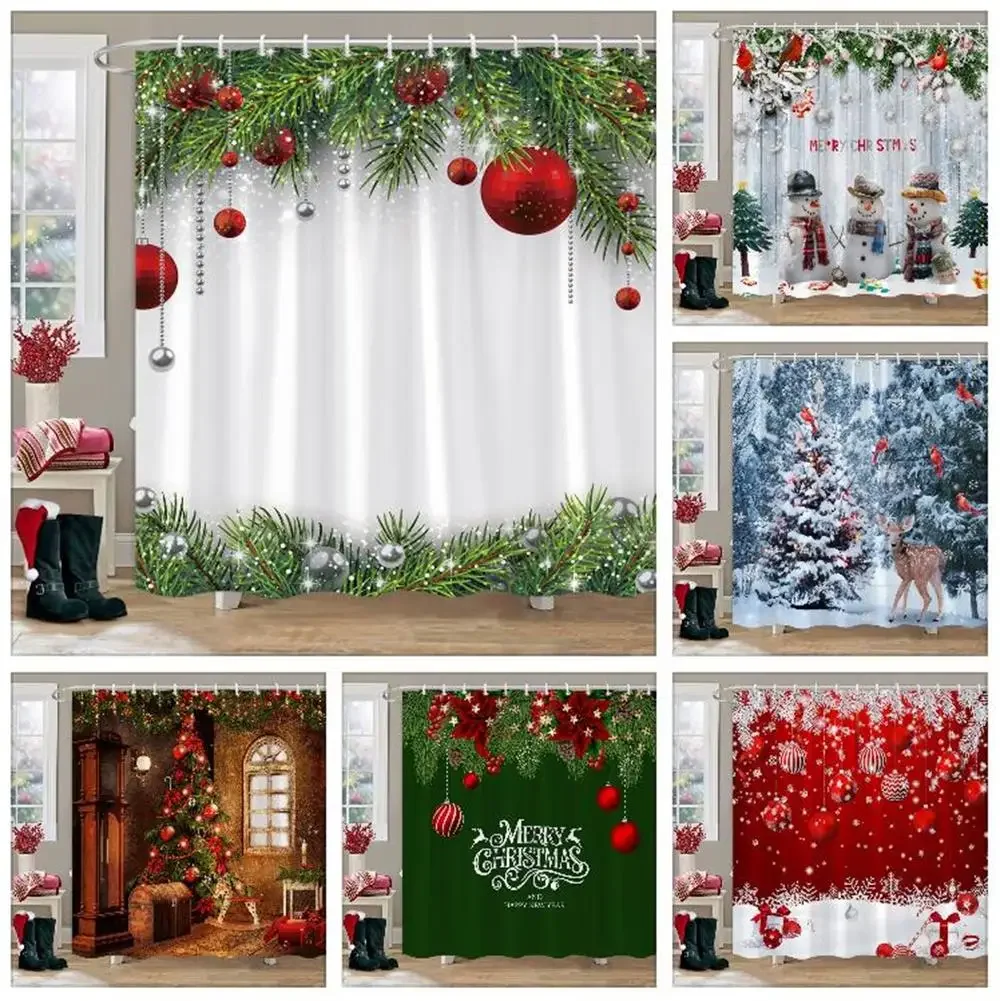 

Christmas Theme Shower Curtain Winter Snow Christmas Tree Deer Rustic Wooden Panel Fabric Washable Shower Curtain Bathroom Decor