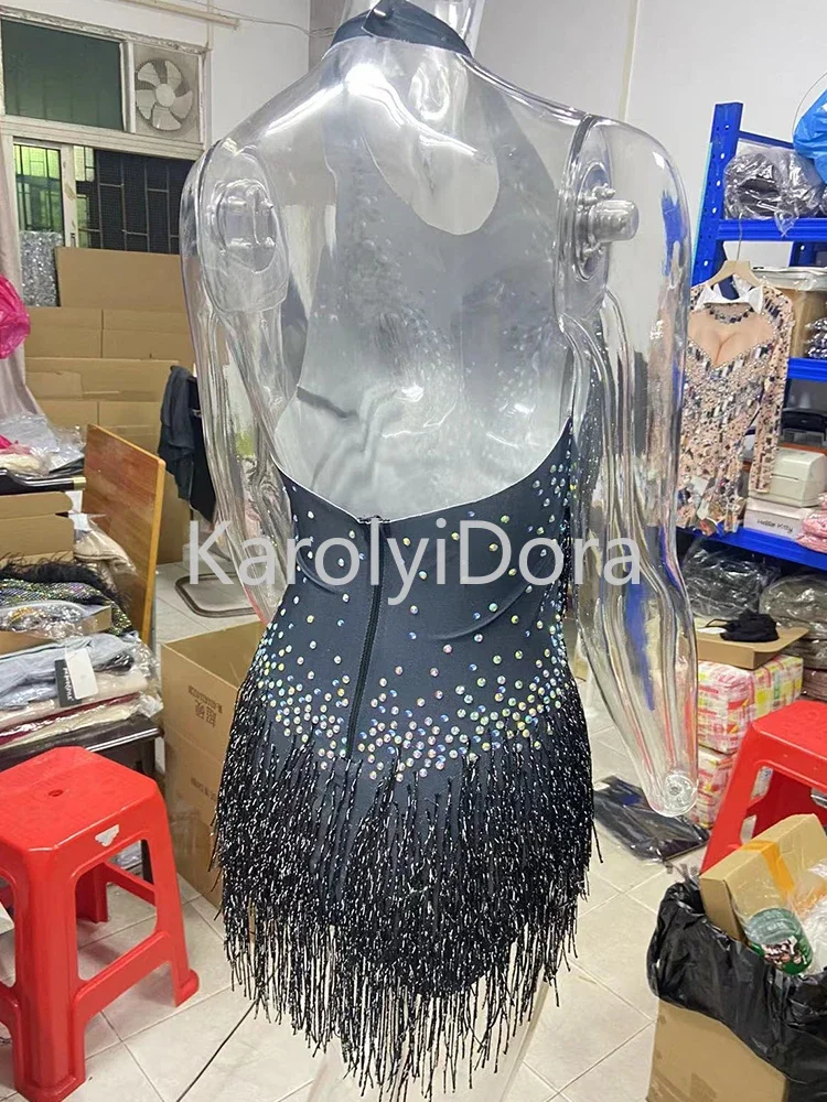 Bodysuit feminino de franjas de strass cintilante, roupa de boate, fantasia de dança brilhante, peça única, collant de palco, 2021