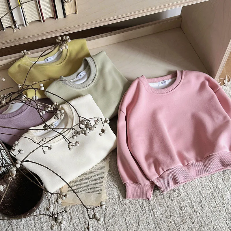 Children Girls Round Collar Sweatshirt Autumn 2024 Solid Long Sleeve Baby Boy Pullovers Casual Versatile Little Girl Bottom Tops