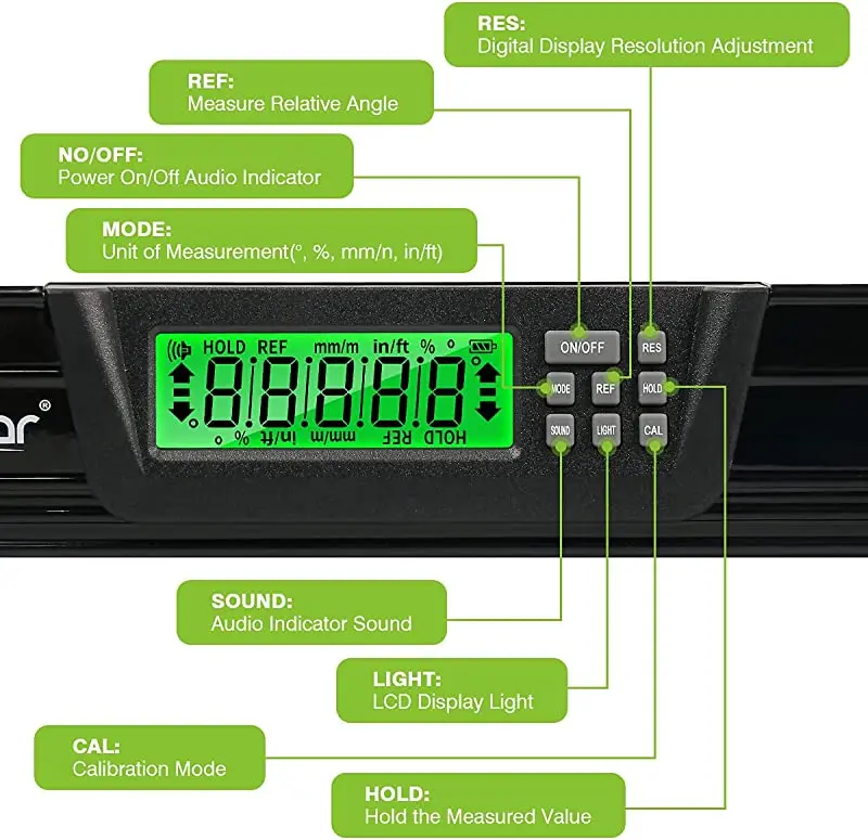 Huepar TL60 Digital Angle Finder Aluminum Electronic Magnetic Level Ruler Bubble Protractor