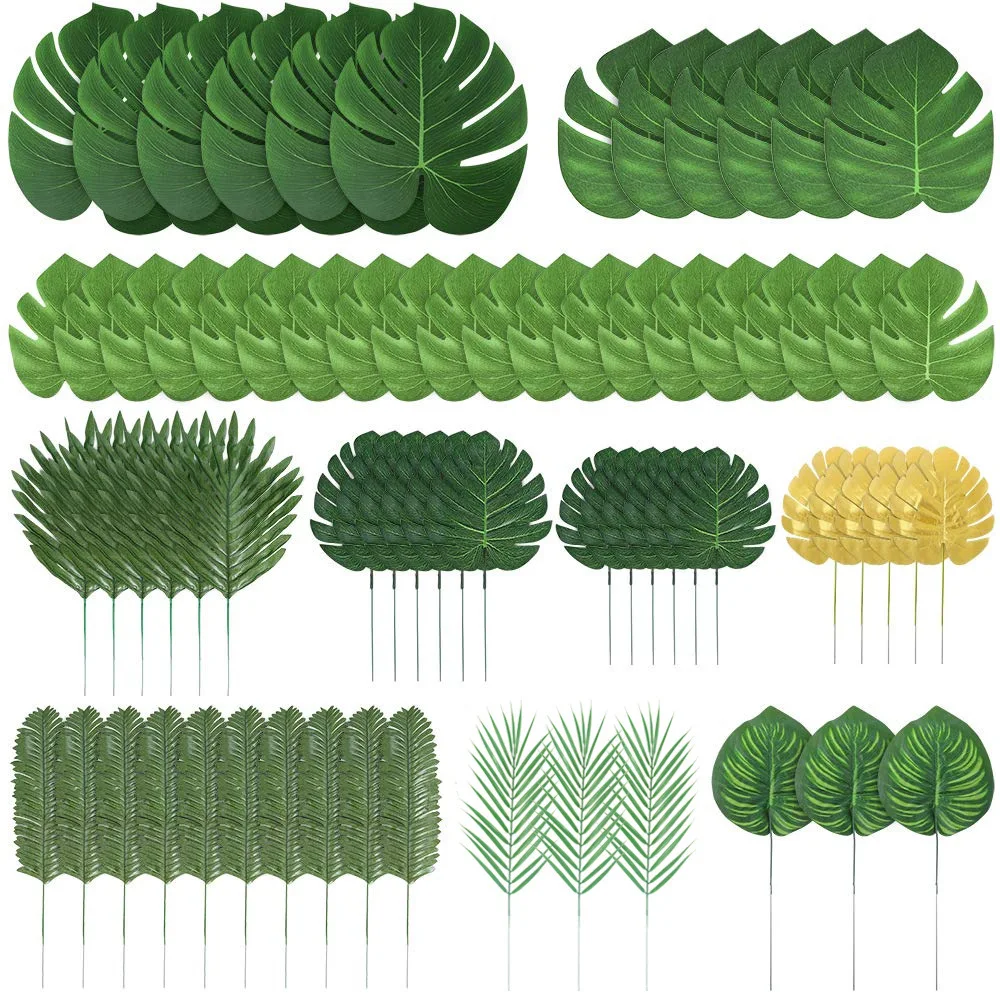 Juego de hojas de palma tropicales, 10/56 Uds., decoraciones artificiales de hojas de jungla de Safari con tallos para acentos de fiesta en el hogar