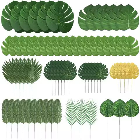 10/56pcs Tropical Palm Leaves Set - Artificial Safari Jungle Leaf Decorations with Stems for party Home Accents