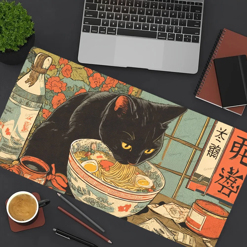 

Black Cats Ramen Shop 90s Tokyo Pop Art Large Gaming Mouse Pad Stitched Edges Non-Slip Desk Mat for Office Home