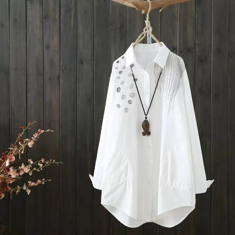 

Retro Embroidered White Shirt Jacket Women's Mid-length Top