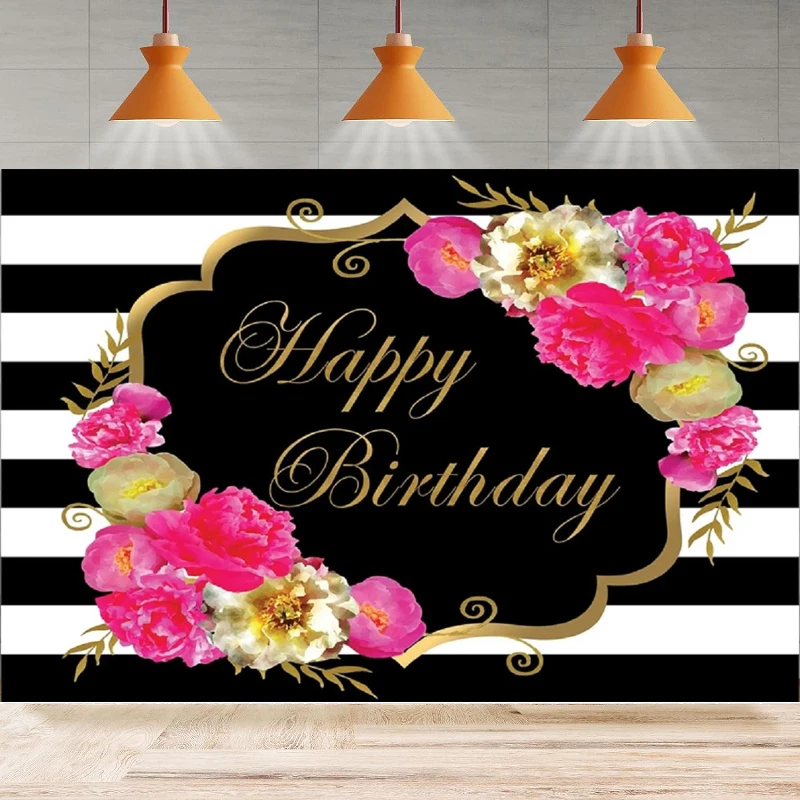 Floral Photography Backdrop Women Black White Stripes Watercolor Flowers Happy Birthday Background Party Backdrop Wall Banner