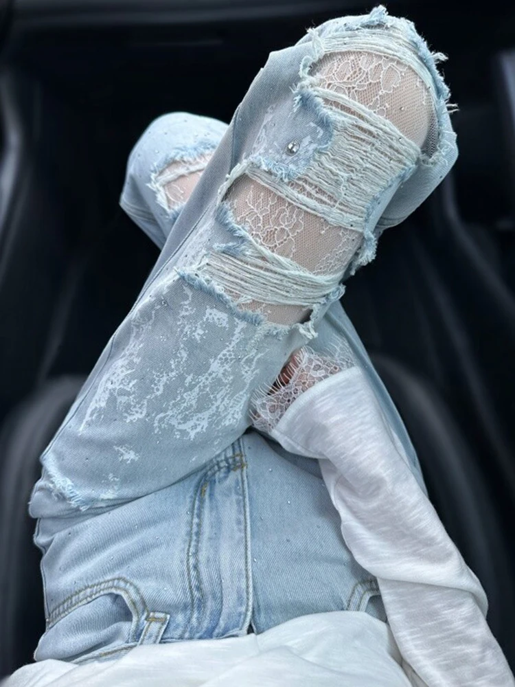 Nicemix Subculture Girai Kei Harajuku Patchwork High Waist Distressed Jeans With Lace Gothic Unique Beautiful Wide Leg Jeans