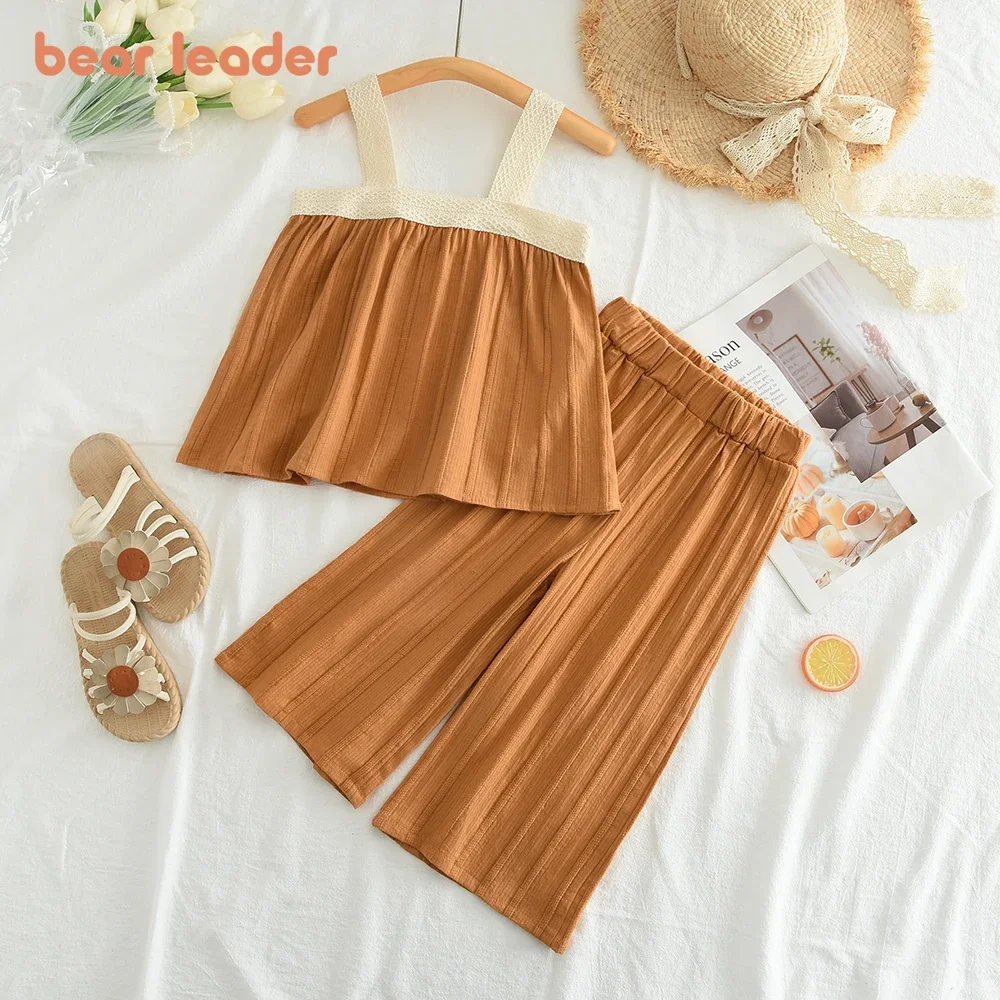 

Медведь Лідер, однотонные комплекты одежды для девочек, летний кружевной лоскутный топ на подтяжках и плиссированные широкие брюки, комплекты из 2 предметов