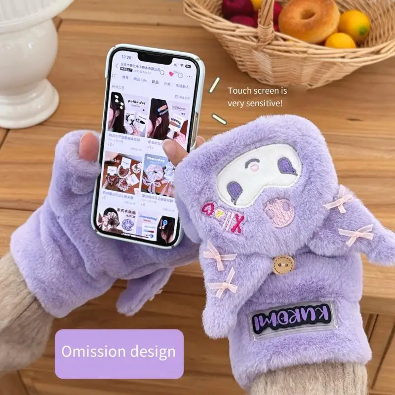 Kawaii Gloves Sanrio Hello Kitty Kuromi Half Finger Flip Cover Gloves Cute Anime Plush Winter Warm Antifreeze Soft Gloves Gift