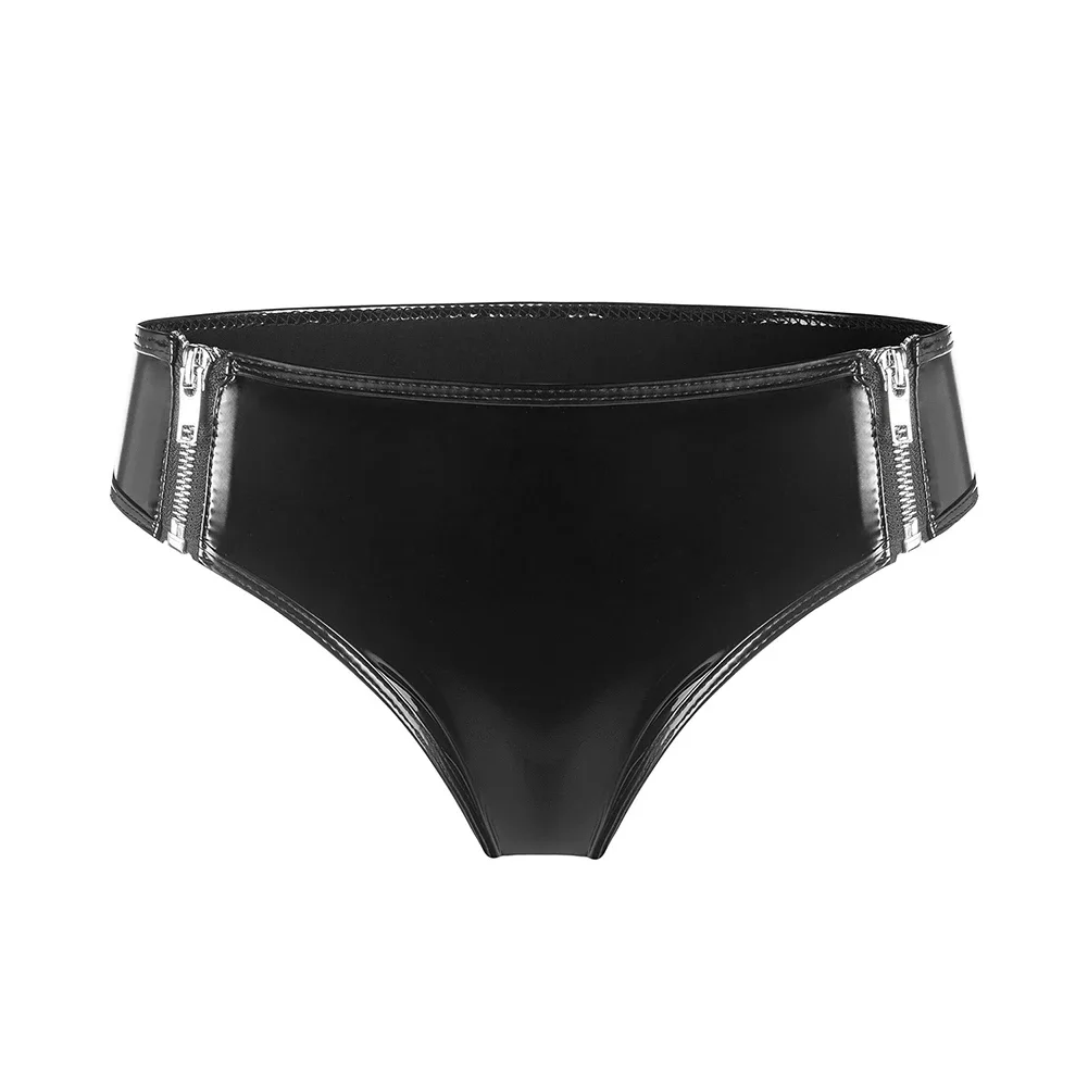 Womens Briefs With Side Zip Up Hot Low Waist Faux Leather Nightclub Stage Performance Sexy Ladies Underwear