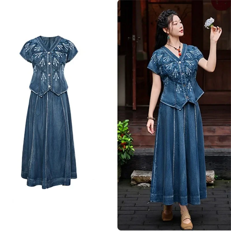 

High Quality Denim Two-piece Suit Women's Summer Skirt Sets V-neck Short Sleeve Embroidery Tops A-line Maxi skirts 2-piece Sets