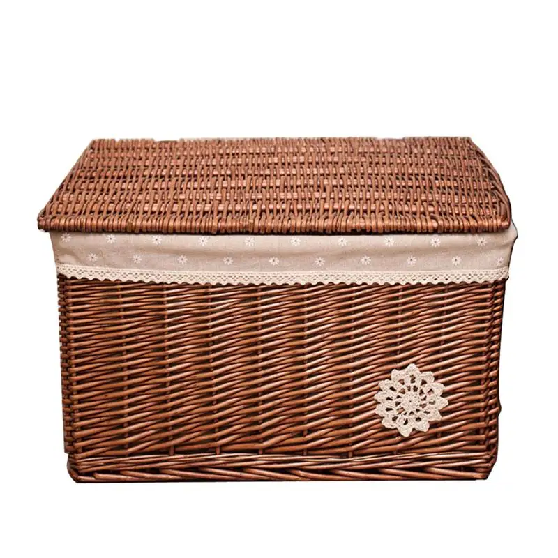 Wicker Basket Rectangular Woven Basket With Lid Countertop Storage Baskets Organizer Rattan Woven Basket Storage Container