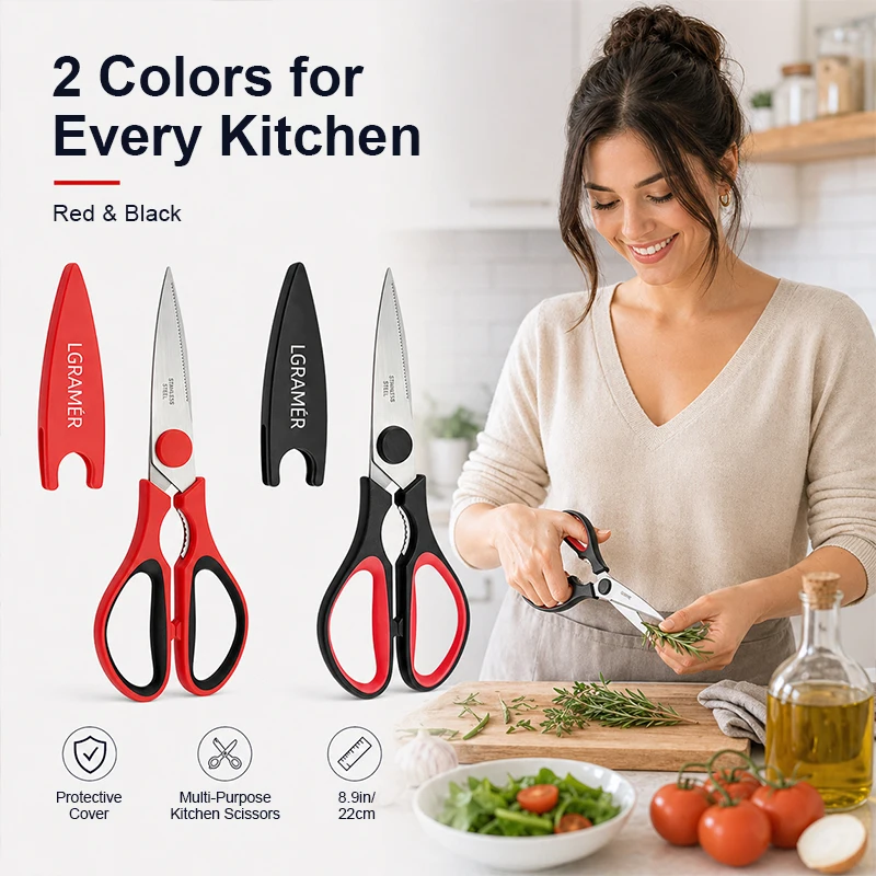 Multifunctional Home Kitchen Scissors, Red Stainless Steel Shears with Serrated Edge & Bottle Opener, Left/Right Hand Use 21cm