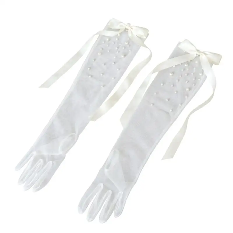 31BB Beadwork Bowknot Sheer Bride Gloves Seethrough Wedding Gloves For Photography