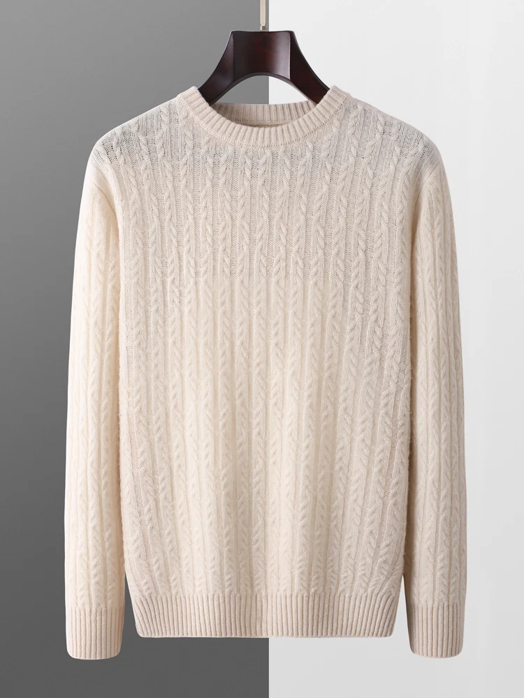 New Chic O-Neck Cable Stitch Pullover Men's Autumn Winter Preppy Style 100% Merino Wool Knitted Sweater Tops Soft Warm Clothing