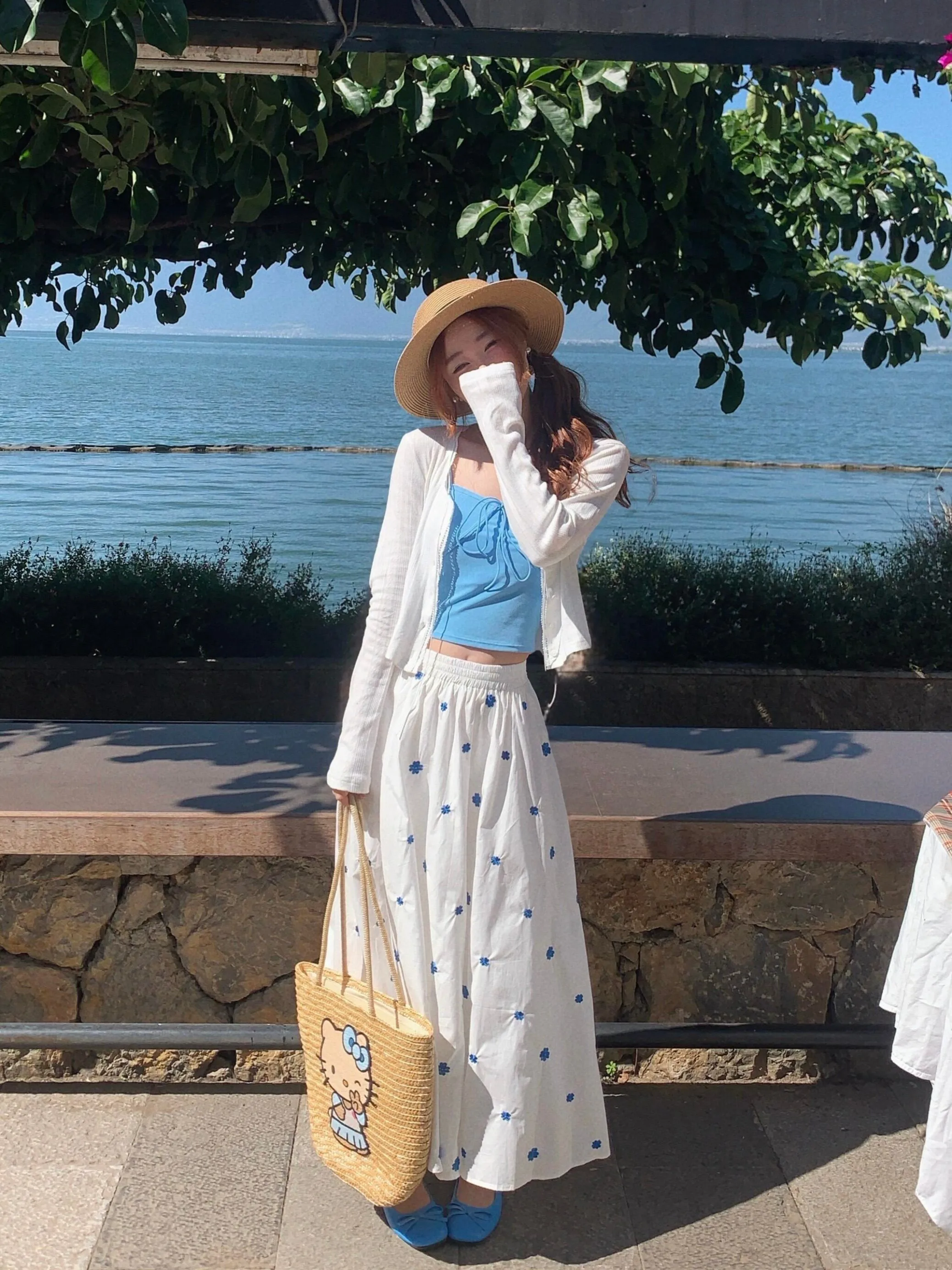 White Floral Embroidery Loose A-Line Midi Skirt Women's Summer High Waist Breathable Comfortable Korean Style Cotton Long Skirt