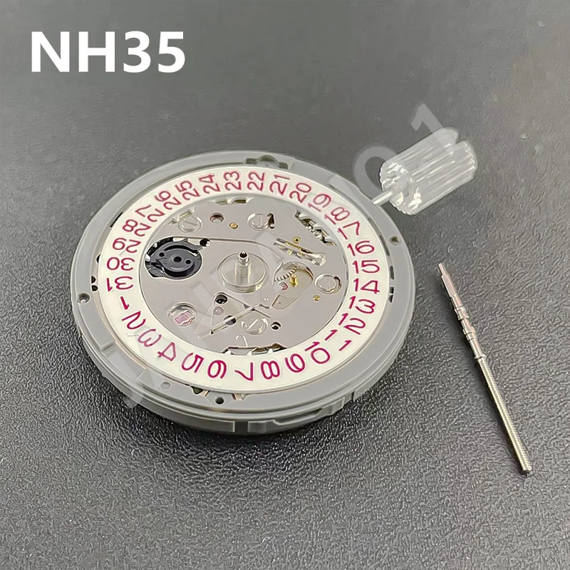 Japan NH35 Movement Mod White-Red Text Datewheel Crown at 3.0 Position Genuine NH35A Red Disc Version 24 Jewels