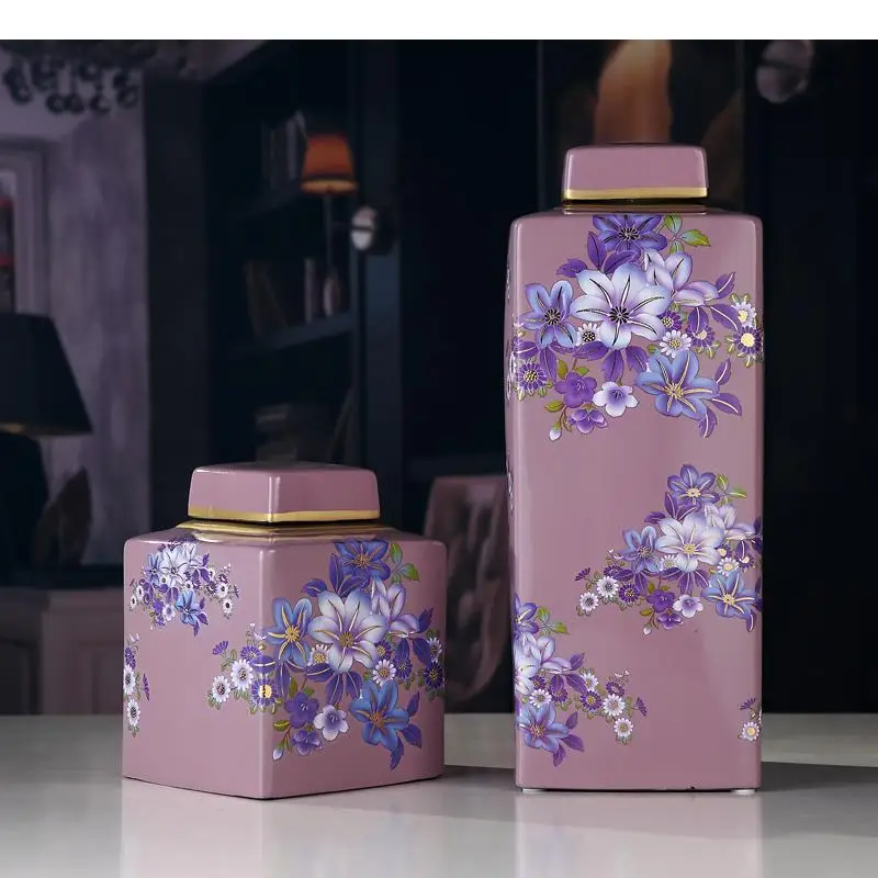 Purple Iris Flower Painted Decorative Jars with Lids Desk Decoration Ceramic Tea Caddy Sugar Jar Porcelain Arrangement