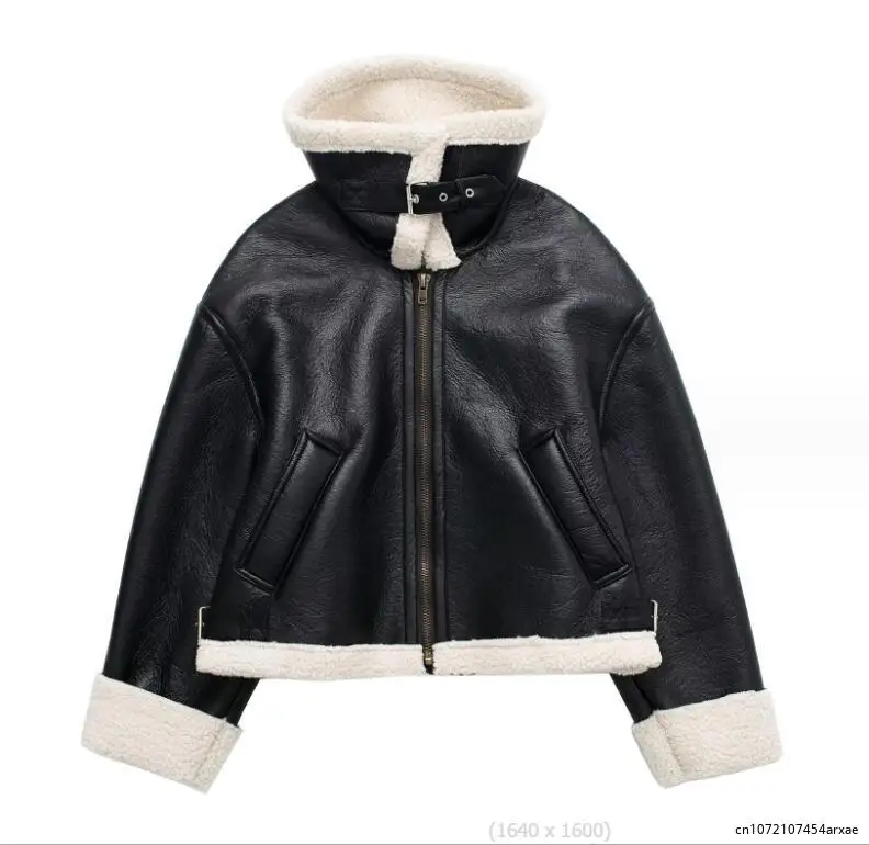 2023 Winter Lambswool PU Leather Short Jacket Women Parka Vintage Korean Loose Slim Thick Warm Fried Street Cotton-Padded Jacket