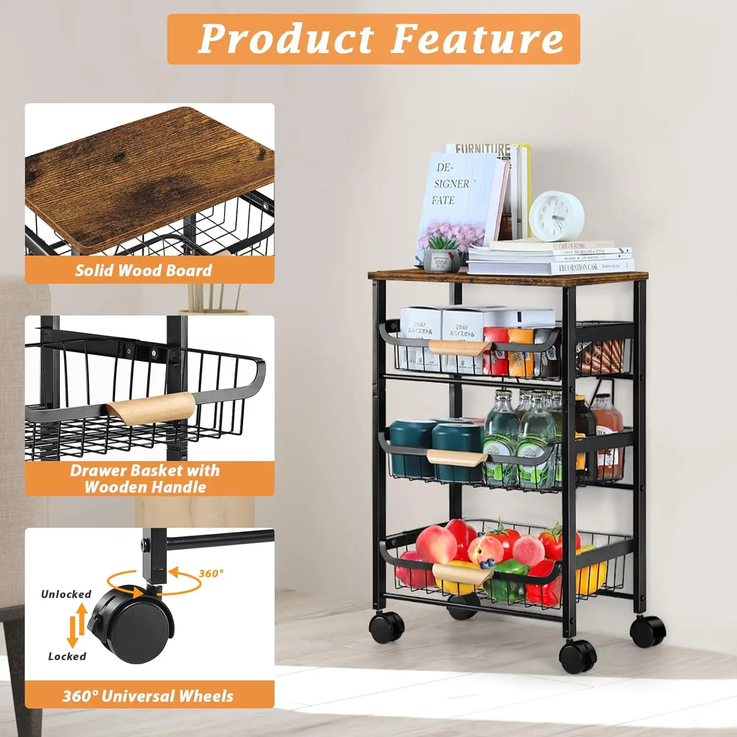 Rolling Storage Cart, 4 Tier Kitchen Island Cart on Wheels with Pull-Out Baskets and Wood Top, Vegetable and Fruit Basket Stand