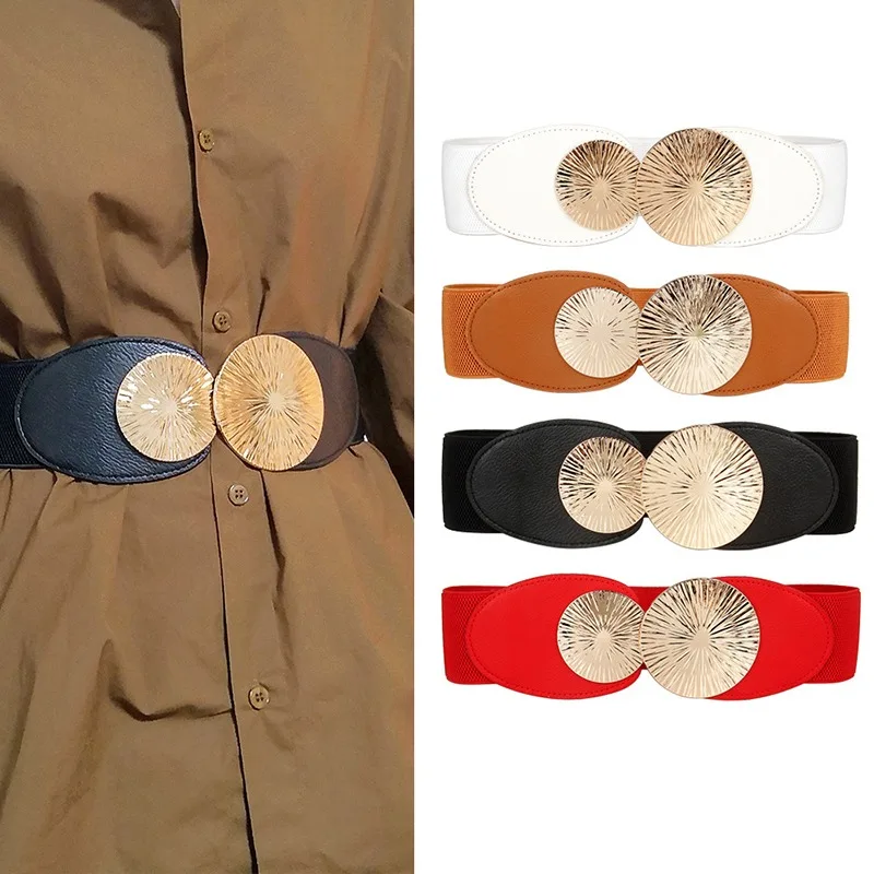 

New brand design vintage metal Ring Belt Gold Ladies Women Belts Female Fashion Rivet Wide Waist Elastic 5 Straps PU Belt
