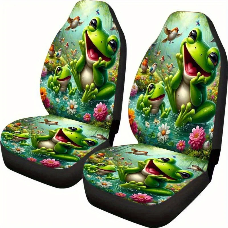 2 Happy Frog Theme Car Seat Covers 2pcs Set - Universal Seat Cover For Cars, SUVs, Trucks, Front Seat Coverings, Vivid Pattern D