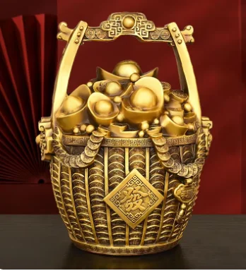 Inviting Wealth Pure Copper Bucket of Gold Ornaments Treasure Bowl Money Jar Yuanbao Ruyi Home Decor