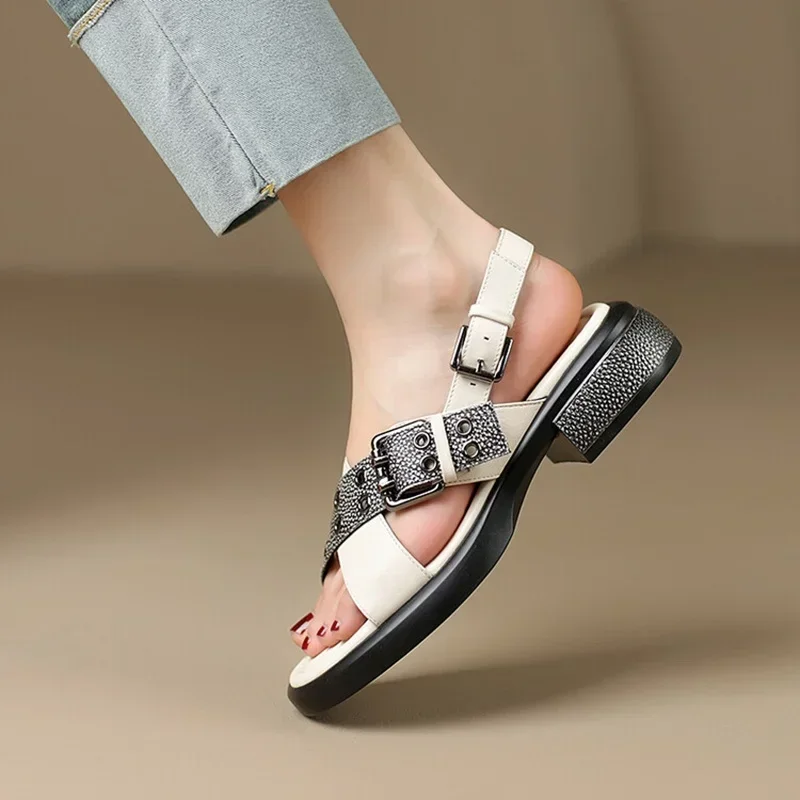 NEW Summer Women Sandals Split Leather Shoes For Women Round Toe Thick Heel Shoes Casual Buckle Handmade Shoes Platform Sandals