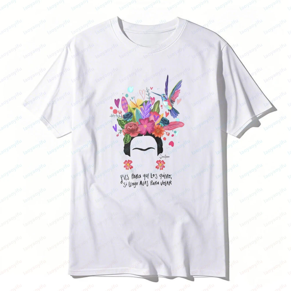 Floral Frida Kahlo Hummingbird and Heart Graphic Unisex Cotton T-Shirt Summer Fashion Casual Tees Graphic Cinco De Mayo Tops