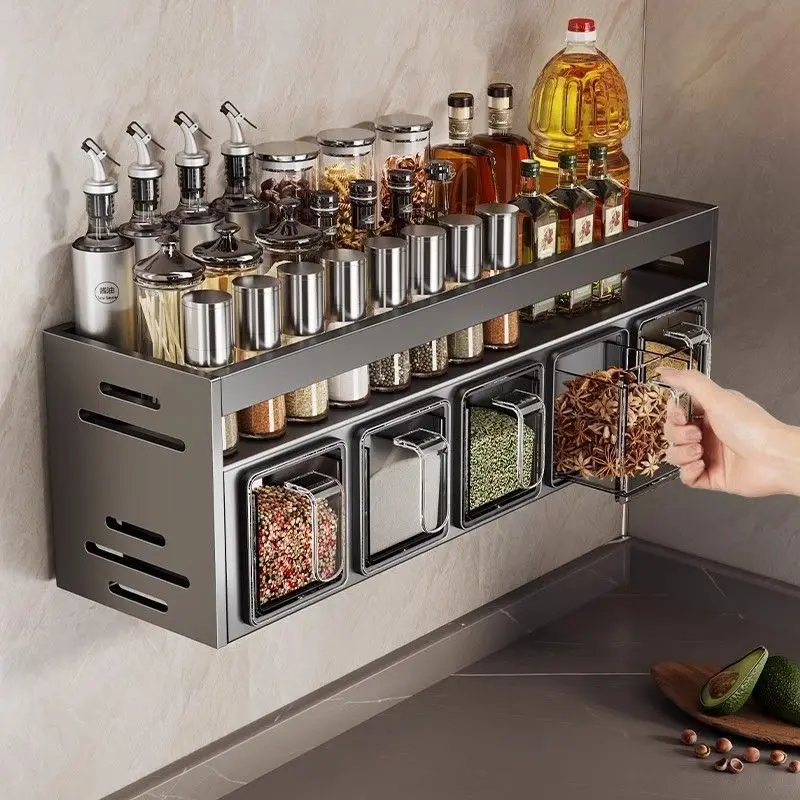 Étagère murale en acier inoxydable pour épices avec tiroirs coulissants, support de rangement multifonctionnel pour condiments de cuisine, bouteilles d'huile, pots à épices et produits secs