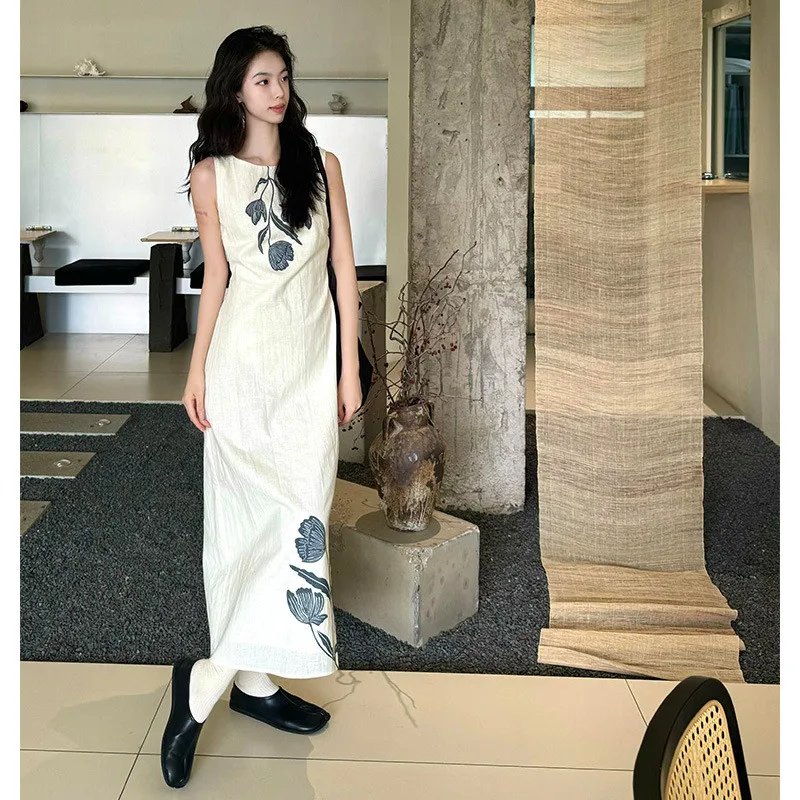 Rétro Svel Dr femmes été 2024 nouveau Simple Ele gilet décontracté Long Dr Princ Sve col autre Sle