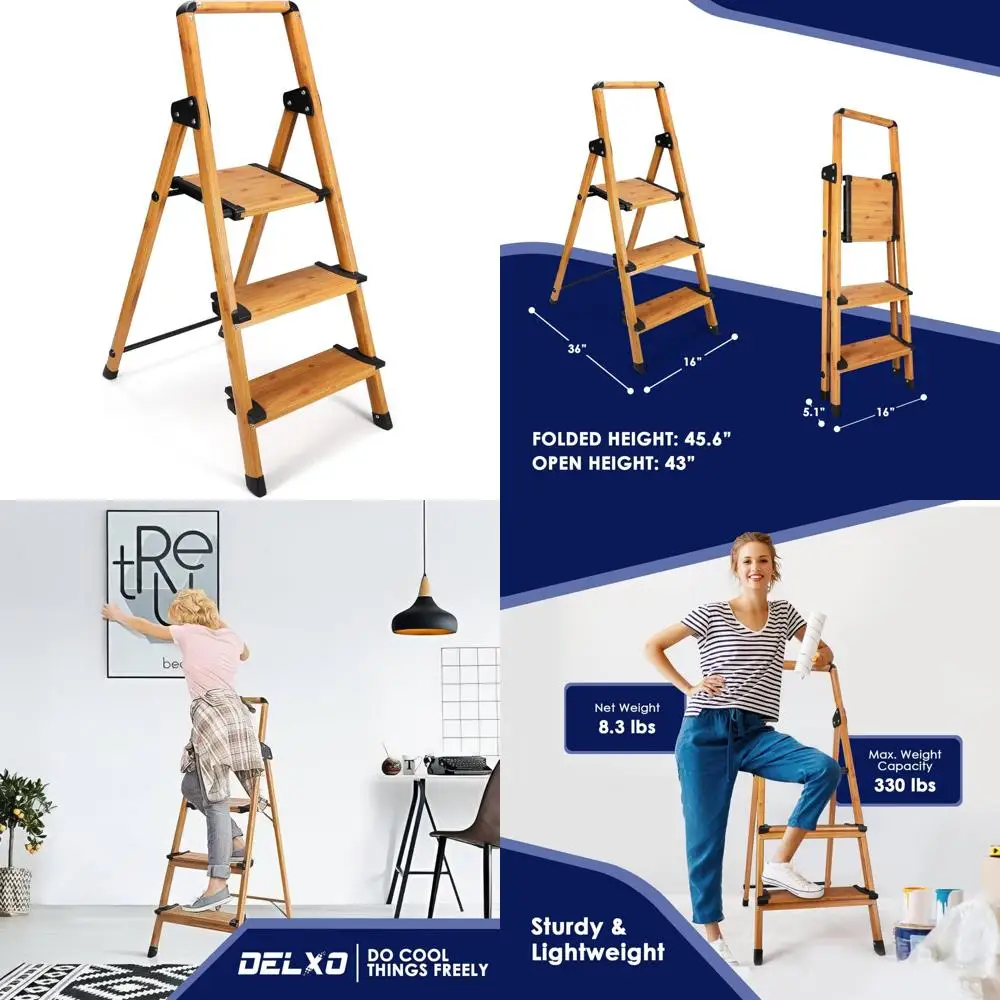 Escada dobrável portátil de alumínio leve de 3 degraus com corrimãos longos e trava de segurança, acabamento em grão de madeira