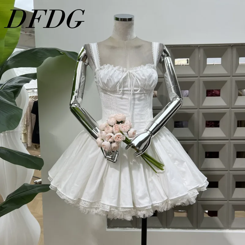 

DFDG Fashionable And Chic Waist Tied Fluffy Lace Up 2025 Summer New Women's High-quality Ballet Style Solid Color Short Dress