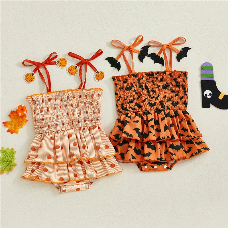 New Toddler Baby Girl Halloween Romper Dress Pumpkin/Bat Print Tie-up Strap Smocked Tiered Ruffled Jumpsuit Newborn Clothes