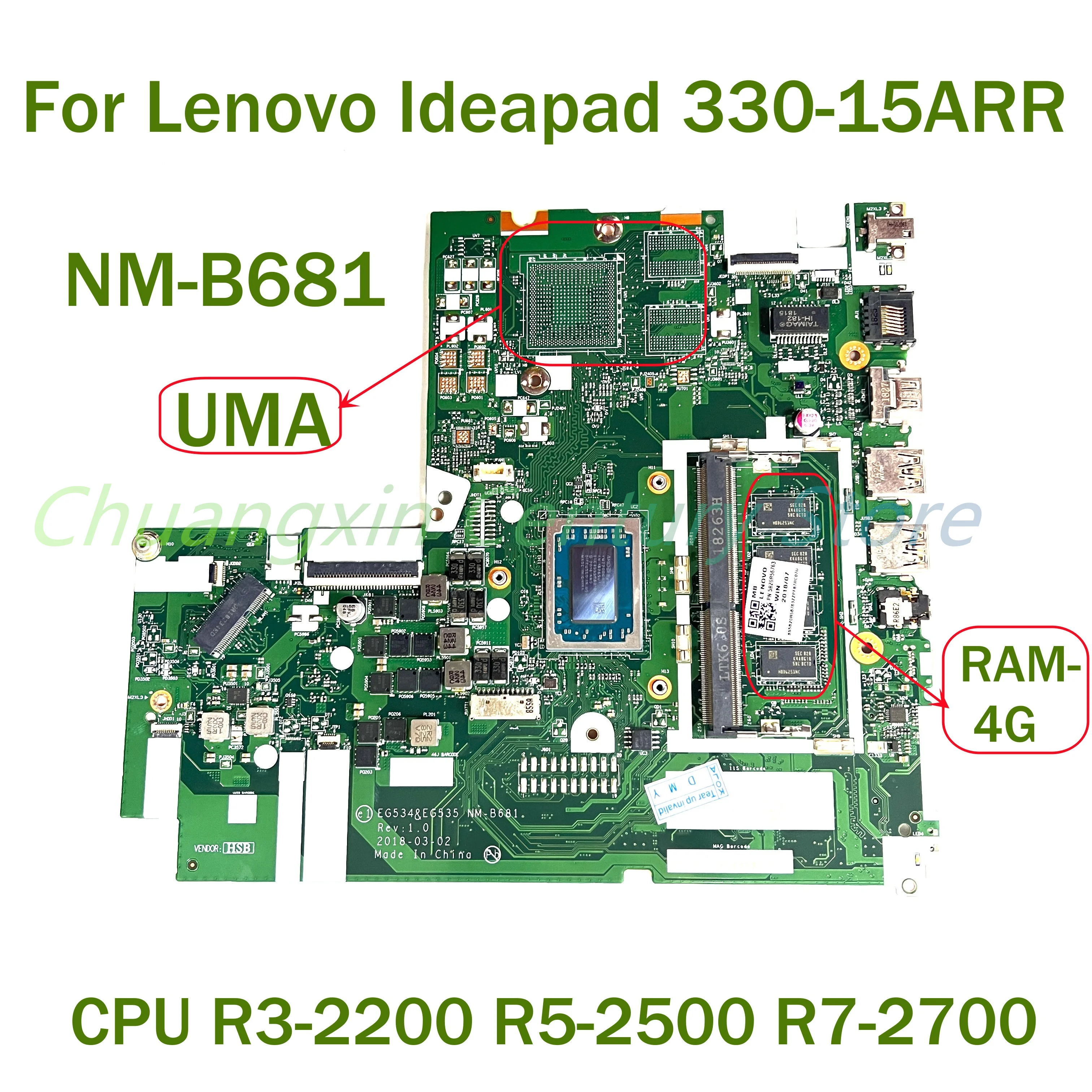 NM-B681 motherboard For Lenovo Ideapad 330-15ARR Laptop with CPU R3-2200 R5-2500 R7-2700 RAM 4GB 100% Tested Fully Work