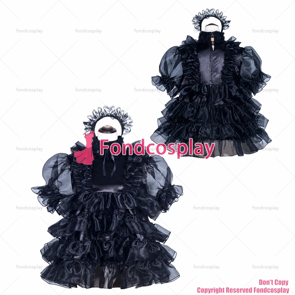 fondcosplay adult sexy cross dressing sissy maid short French Lockable Black Satin organza Dress Uniform CD/TV[G3968]