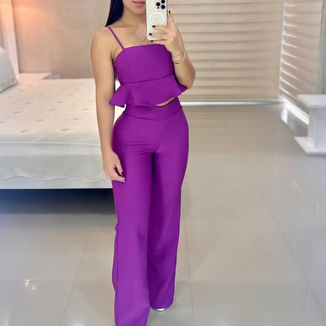 

tube top suspender ruffle hem high waist straight trousers fashion casual suit simple and versatile temperament elegant holiday