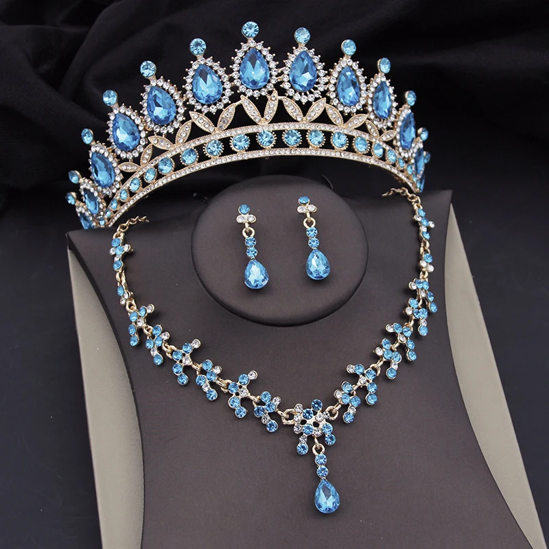 Luxury Bridal Jewelry Sets for Women Sky Blue Crystal Tiaras Necklace Sets Wedding Dress Crown Bride Jewelry Set Accessories