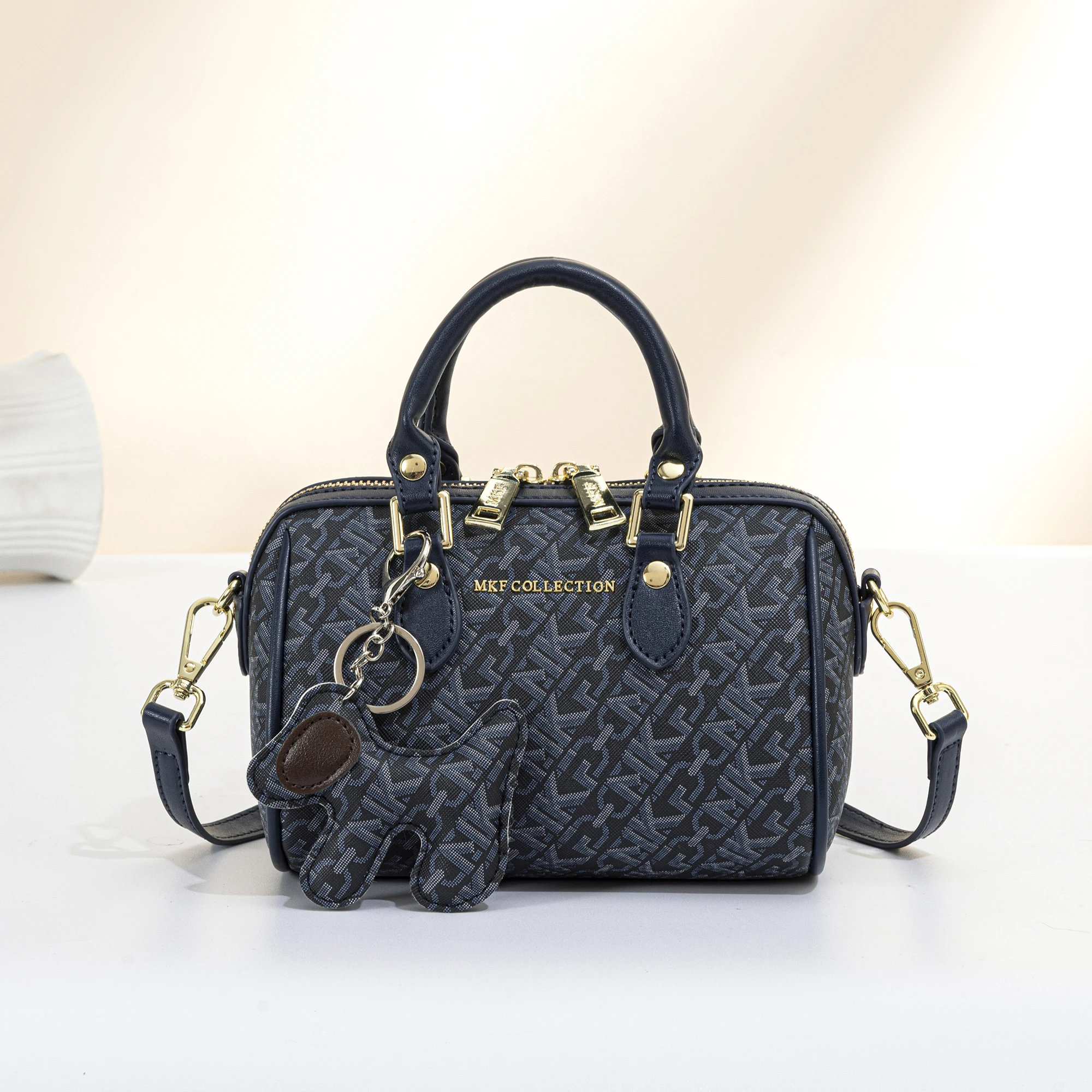 2026 New Chic MKF Luxury Navy Monogram Mini Women's Handbag, Authentic Brand Bag, Vintage Top Handle Boston Bag with Puppy Charm, Fashion Monogram PVC Leather Pillow Bag with Golden Zippers and Adjustable Strap, Casual