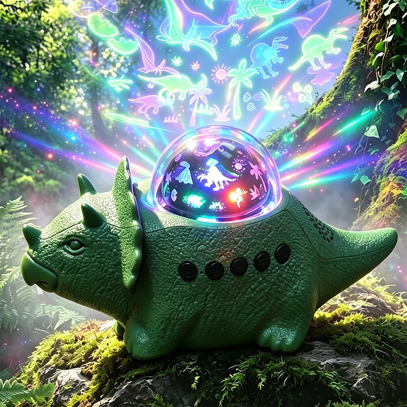 360° rotating dinosaur speaker projector lamp, featuring 8 lighting modes in various colors, creates a dreamy indoor atmosphere