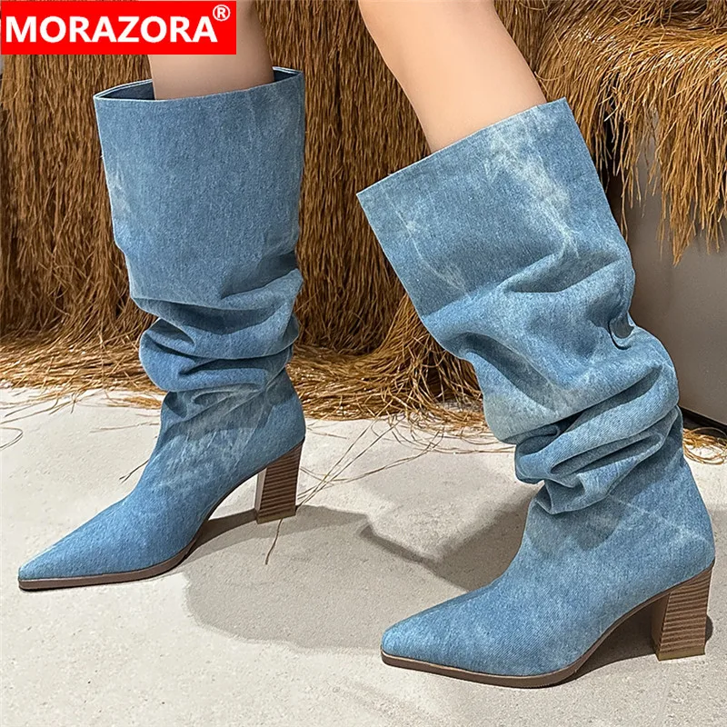 

MORAZORA 2024 New Top Sale Denim Square Toe Boots Slip On Pleated Over The Knee Boots Thick High Heels Autumn Boots