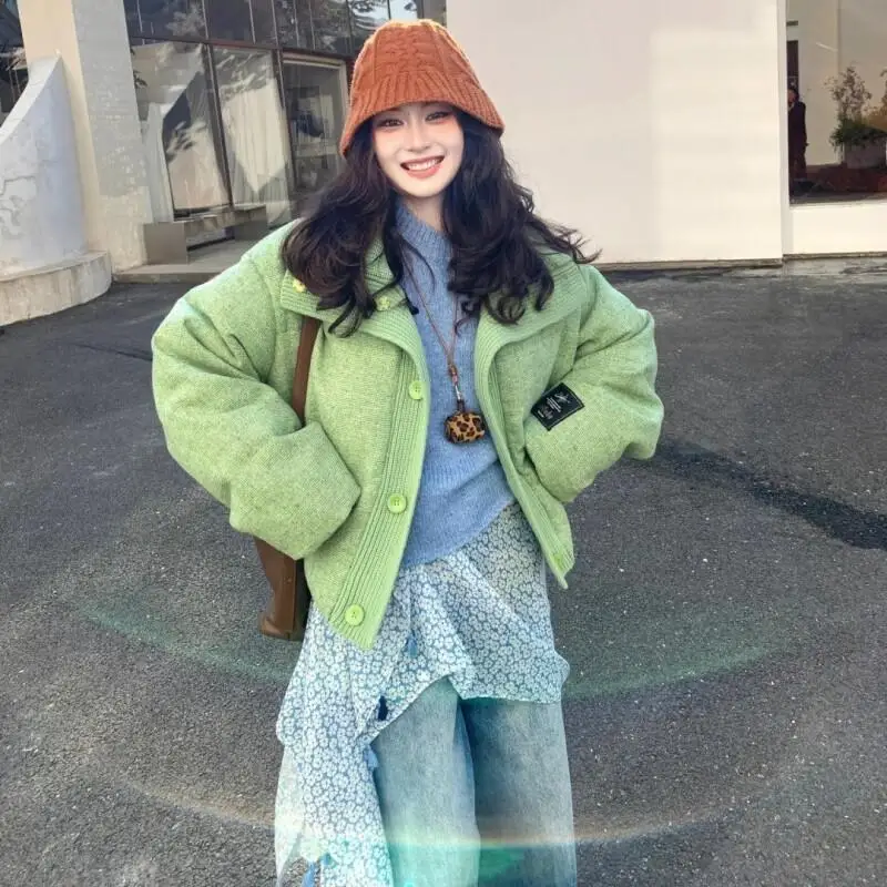 

Women's Coat winter autumn Jacket Outerwear Warm Fleece Lined Stand Collar Green Short Quilted Thick Loose Niche Design Fashion