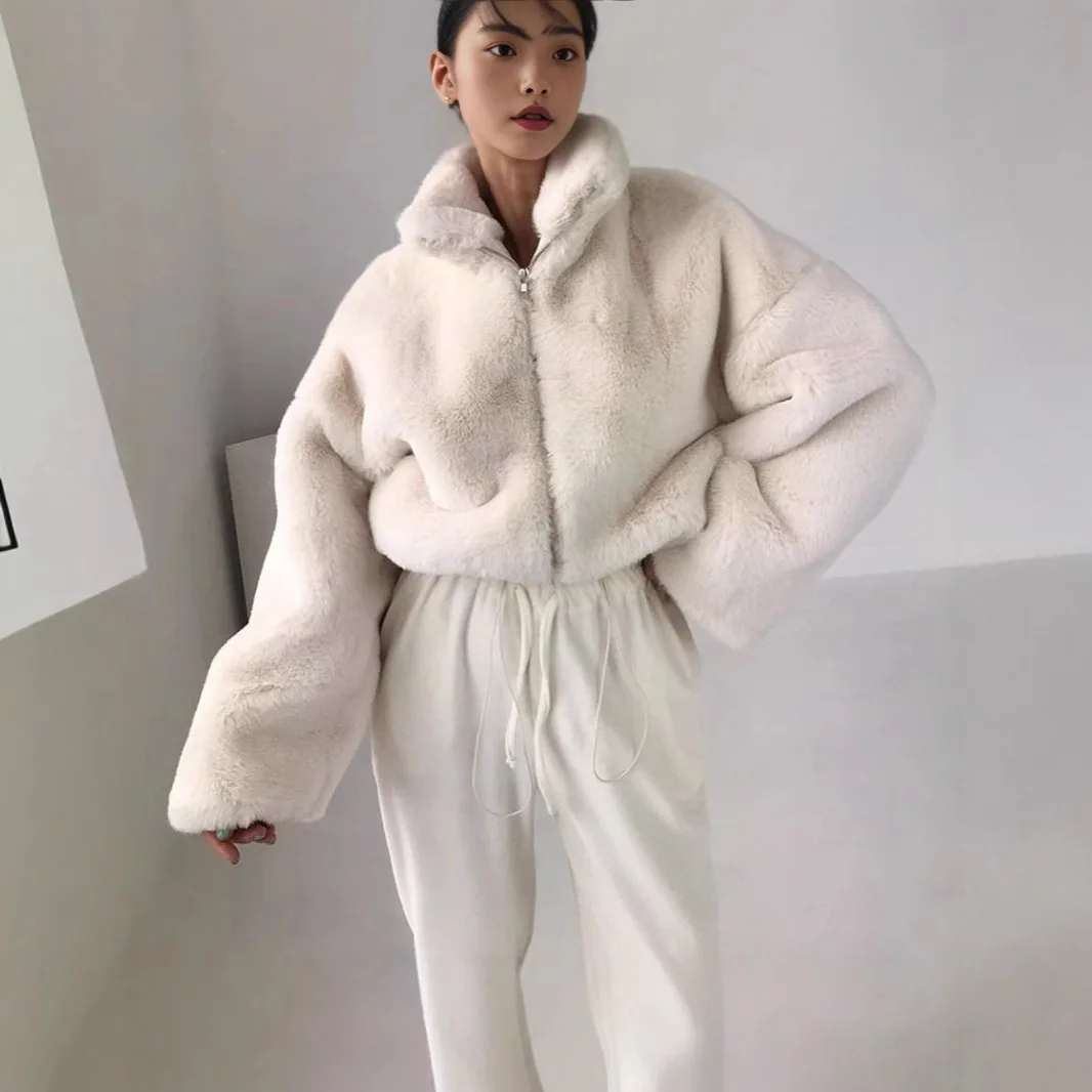 Faux Fur Jacket Coatผู้หญิงVINTAGE Streetwear Stand-up COLLARกระต่ายขนสัตว์Outerwearฤดูใบไม้ร่วงฤดูหนาวหนาWARM Plush JACKET