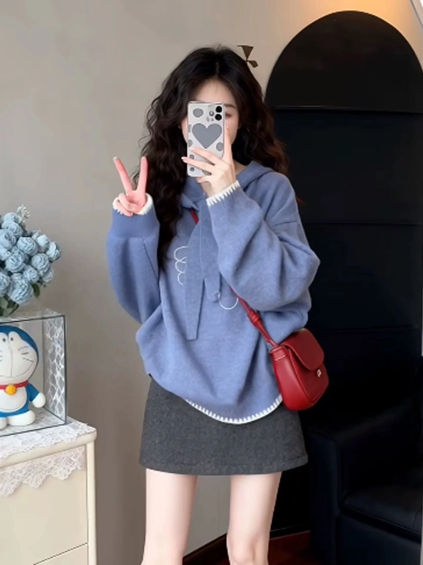 블루 후드 루즈 니트 스웨터 여성용 가을 겨울 패션 레이지 스타일 고급스러운 느낌 독특한 탑 카피품 아님