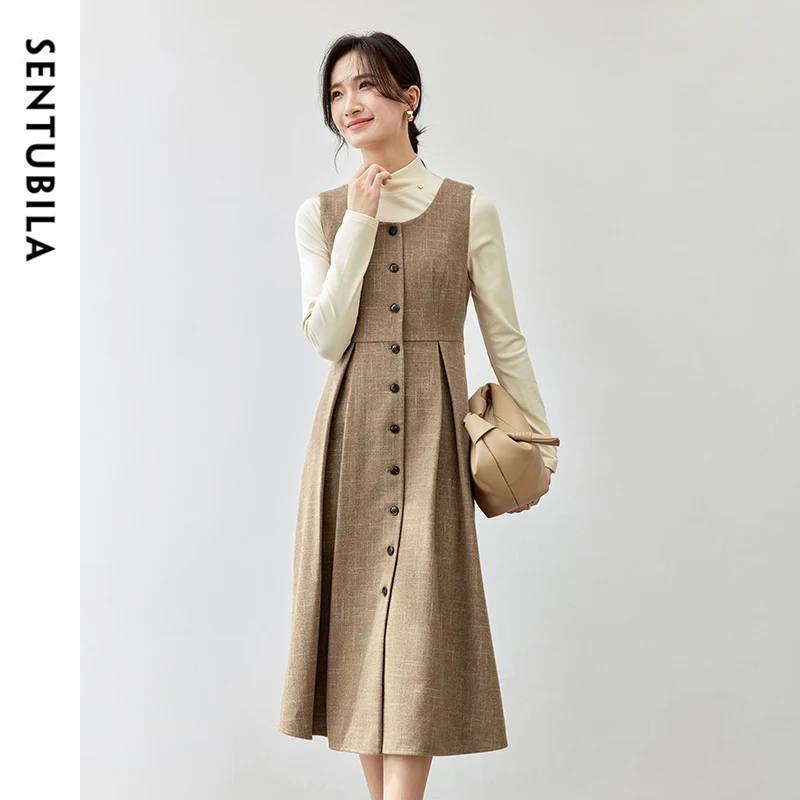 

SENTUBILA Elegant Winter Sleeveless Tweed Dresses Women 2024 Crew Neck Button Down Front Fitted Midi Dress Woman 144L56900